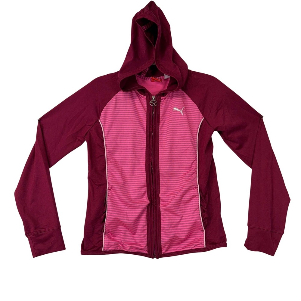 Girls Puma Pink Purple Striped Zip Up Hoodie Jacket Athletic Sportswear Size M